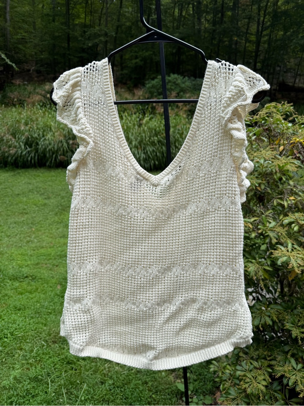 Lightweight Cream Crochet V-Neck Ruffle Sleeve Top